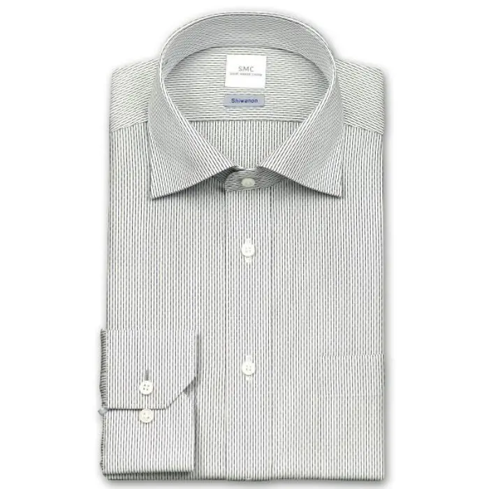 Shiwanon 長袖 ワイシャツ メンズ 春夏秋冬 標準体 形態安定 ピンストライプ ワイドカラーシャツ|綿50% ポリエステル50% ホワイト 