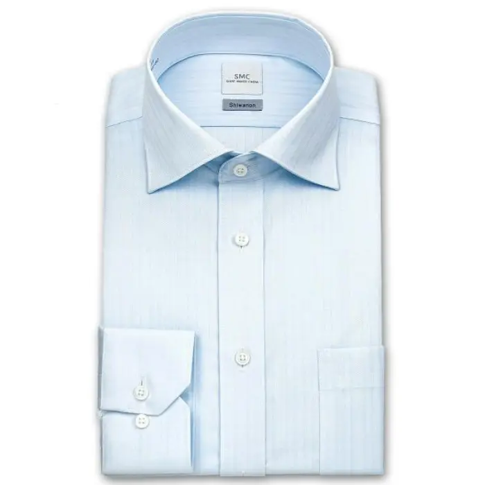 Shiwanon 長袖 ワイシャツ メンズ 春夏秋冬 形態安定加工 ブルードビーストライプ ワイドカラーシャツ|綿50% ポリエステル50% ブルー