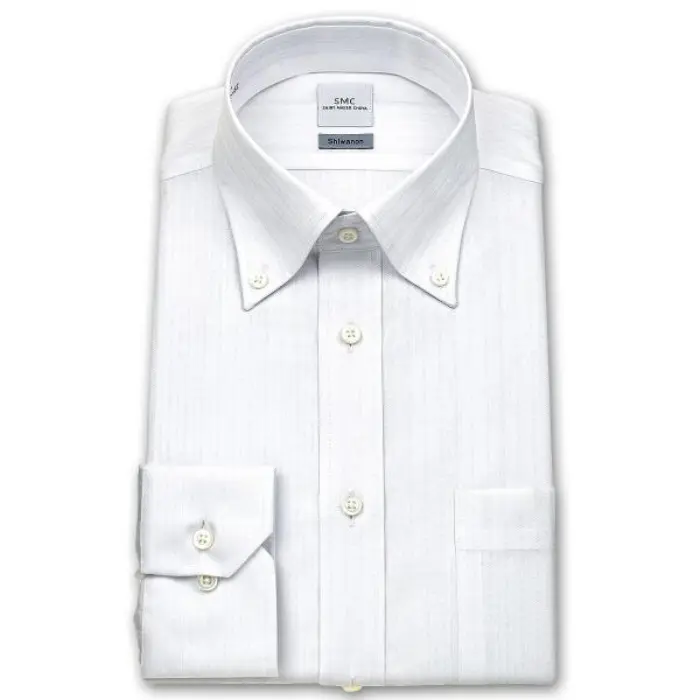 Shiwanon 長袖 ワイシャツ メンズ 春夏秋冬 形態安定加工 白ドビーストライプ ボタンダウンシャツ|綿50% ポリエステル50% ホワイト