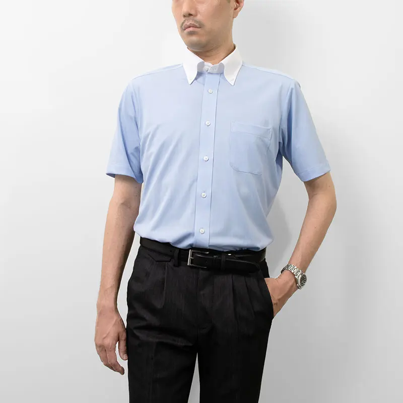 半袖ワイシャツ スリムフィット ブルー ニット 吸水速乾 防臭 抗菌 SMC