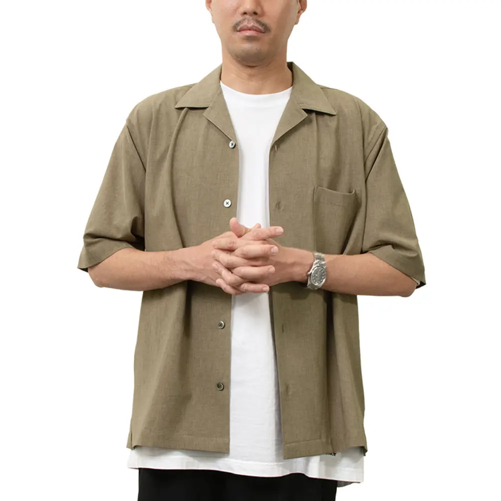 シャツ カジュアルシャツ カーキ 半袖 夏 オープンカラー 開襟 メンズ