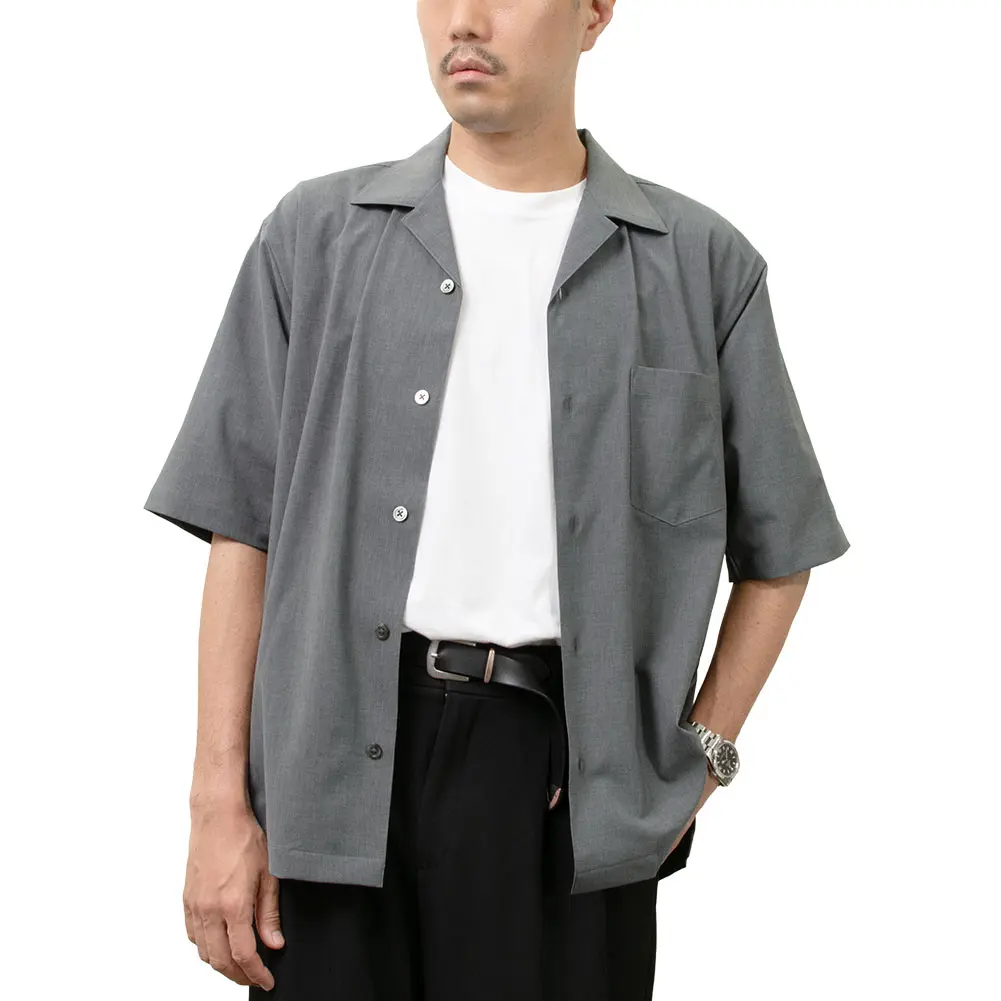 シャツ カジュアルシャツ グレー 半袖 夏 オープンカラー 開襟 メンズ
