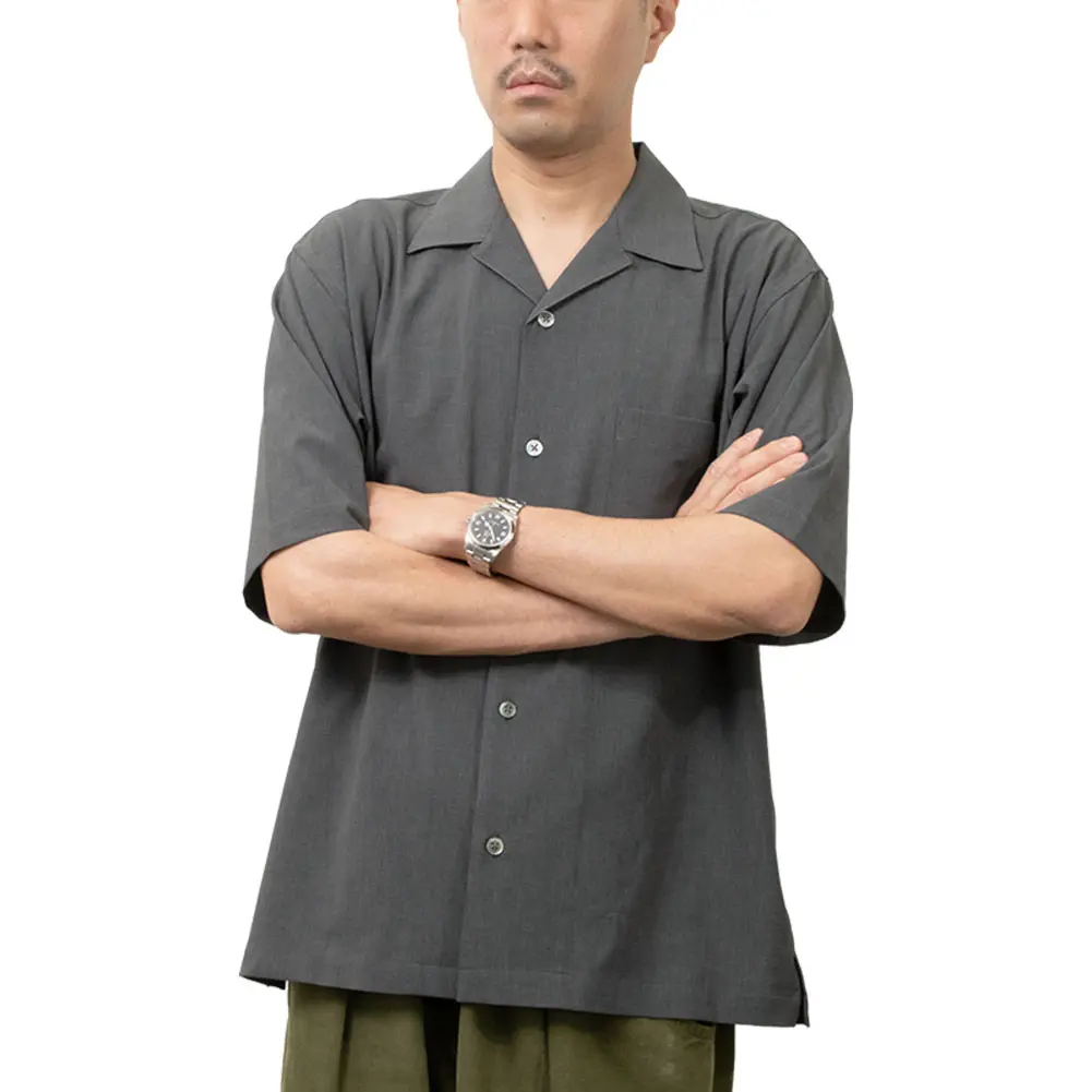 シャツ カジュアルシャツ グレー 半袖 夏 オープンカラー 開襟 メンズ