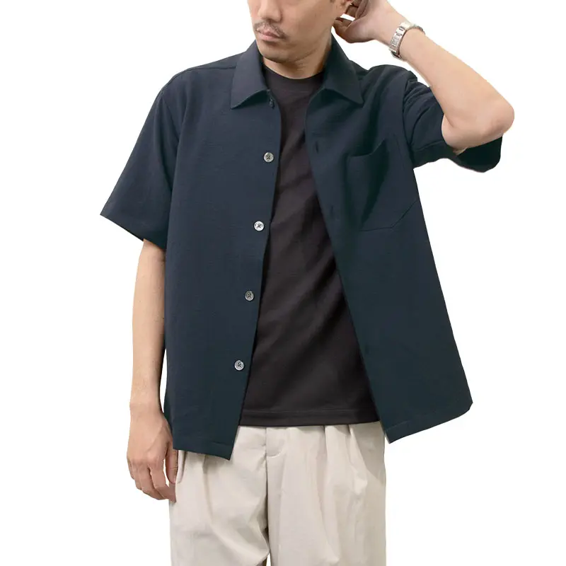 シャツ カジュアルシャツ 紺 ネイビー 半袖 夏 メンズ ストレッチ
