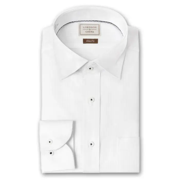 LORDSON by CHOYA Slim Fit 長袖 ワイシャツ メンズ ワイドカラー シャツ 形態安定加工 白ドビーストライプ ホワイト スリムフィット 綿100％