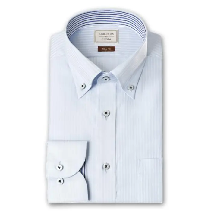 LORDSON by CHOYA Slim Fit 長袖 ワイシャツ メンズ ボタンダウン シャツ 形態安定加工 ブルードビーストライプ 青 スリムフィット 綿100％