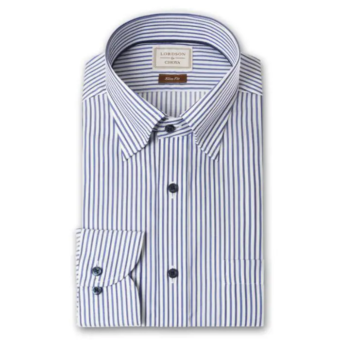 LORDSON by CHOYA Slim Fit 長袖 ワイシャツ メンズ スナップダウン シャツ 形態安定加工 ネイビーストライプ 紺色 スリムフィット 綿100％