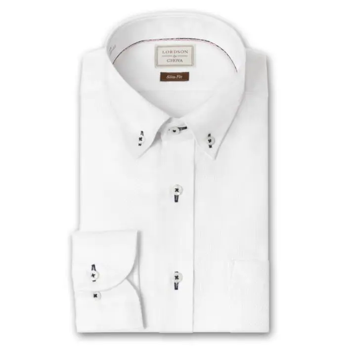 LORDSON by CHOYA Slim Fit 長袖 ワイシャツ メンズ ショートカラー ボタンダウン シャツ 形態安定加工 白ドビー ホワイト スリムフィット 綿100％