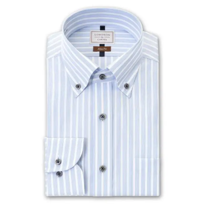 LORDSON by CHOYA Slim Fit 長袖 ワイシャツ メンズ ボタンダウン シャツ 形態安定加工 ブルー ストライプ スリムフィット 綿100％