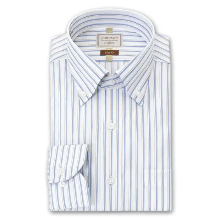 LORDSON by CHOYA Slim Fit 長袖 ワイシャツ メンズ ボタンダウン シャツ 形態安定加工 ブルー ストライプ スリムフィット 綿100％