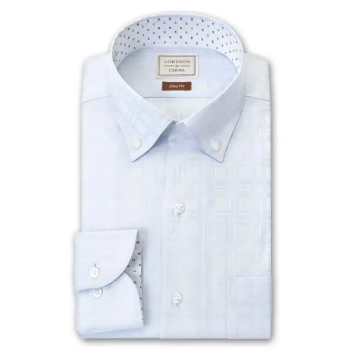 LORDSON by CHOYA Slim Fit 長袖 ワイシャツ メンズ スキッパーカラー ボタンダウン シャツ 形態安定加工 ブルー チェックドビー スリムフィット 綿100％