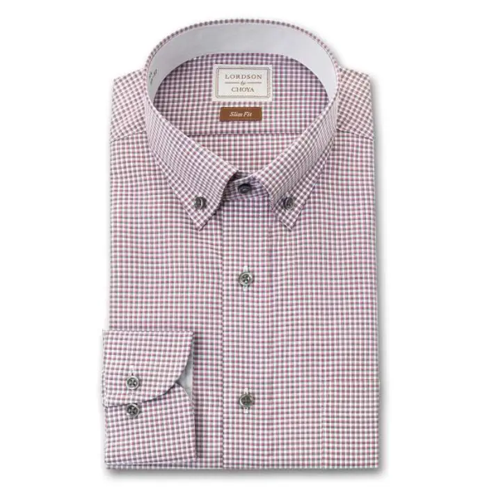 by CHOYA Slim Fit 長袖 ワイシャツ メンズ ショートボタンダウンシャツ 形態安定加工 レッド チェック スリムフィット 綿100％