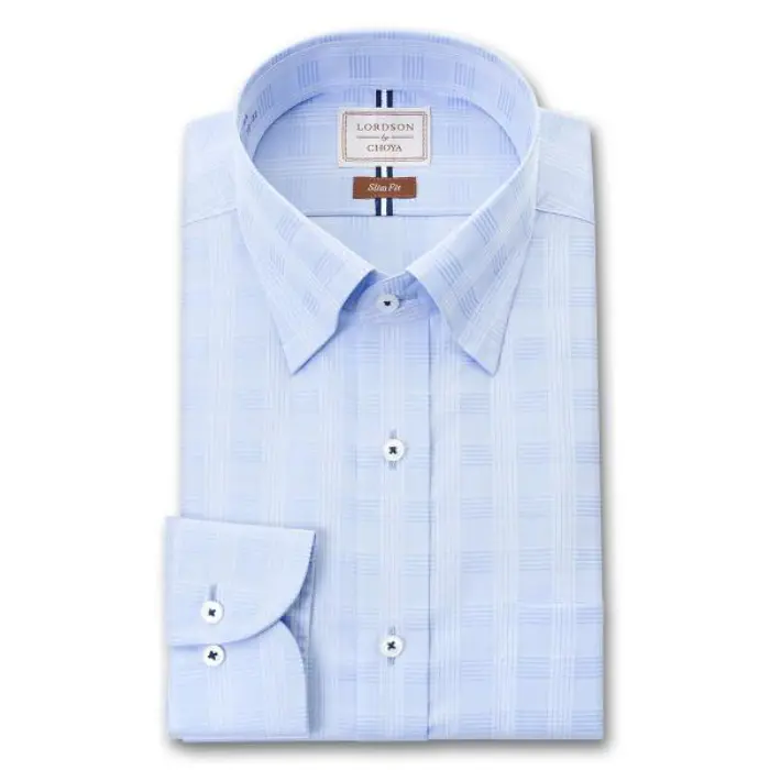 by CHOYA Slim Fit 長袖 ワイシャツ メンズ スナップダウンシャツ 形態安定加工 ブルードビーチェック ブルー スリムフィット 綿100％