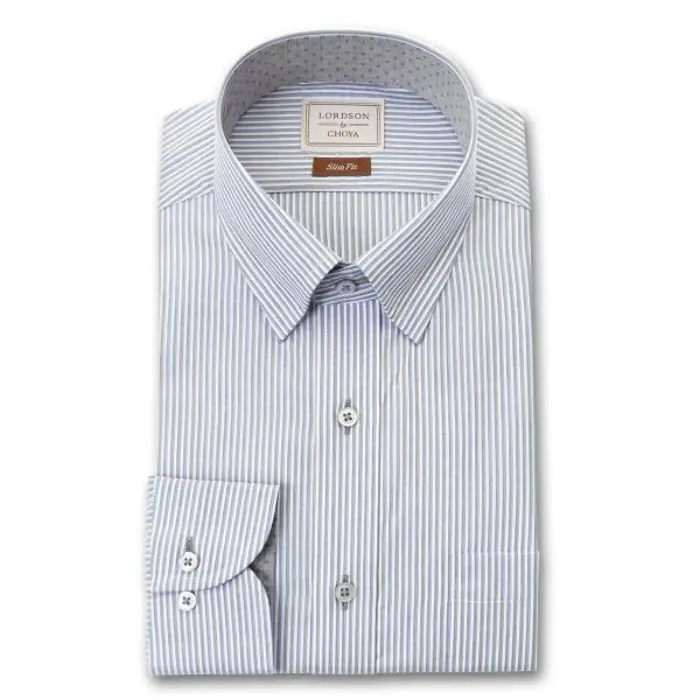 by CHOYA Slim Fit 長袖 ワイシャツ メンズ ショートスナップダウンシャツ 形態安定加工 ブルーストライプ ブルー スリムフィット 綿100％