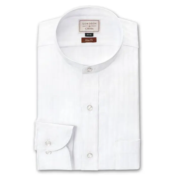 by CHOYA Slim Fit 長袖 ワイシャツ メンズ スタンドカラー 形態安定加工 白ドビーストライプ ホワイト スリムフィット 綿100％