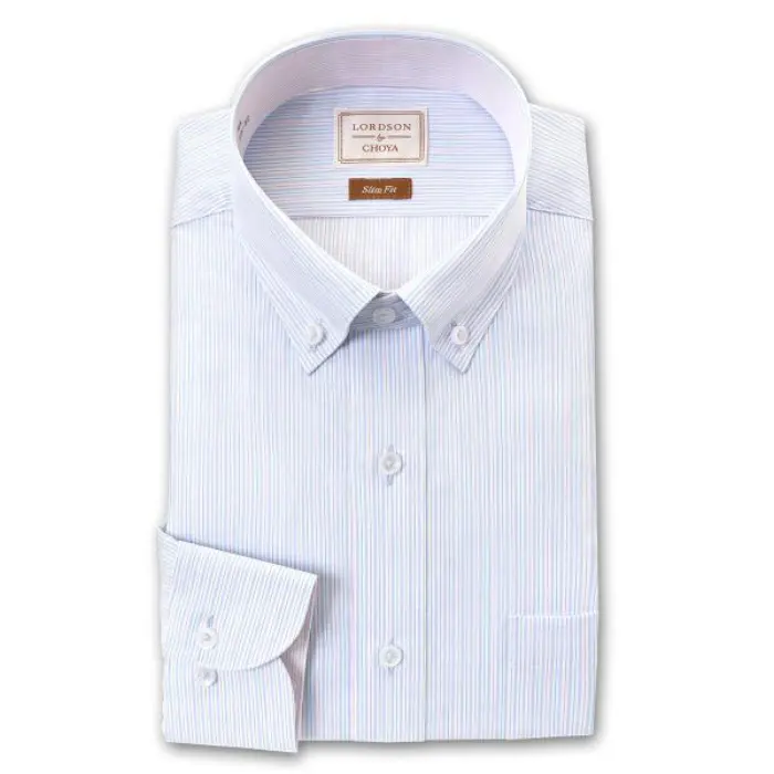 by CHOYA Slim Fit 長袖 ワイシャツ メンズ ショートボタンダウン 形態安定加工 ブルーストライプ 青 水色 スリムフィット 綿100％
