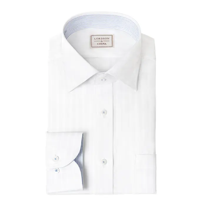 LORDSON by CHOYA 長袖 ワイシャツ メンズ 春夏秋冬 形態安定加工 白ドビーストライプ ホワイト ワイドカラー シャツ|綿100％