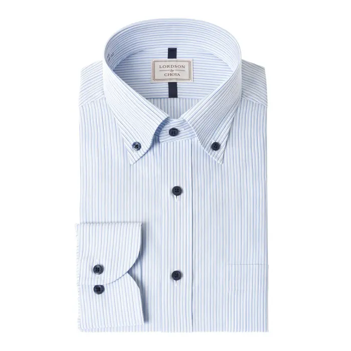 LORDSON by CHOYA 長袖 ワイシャツ メンズ 春夏秋冬 形態安定加工 ブルーストライプ 青 ボタンダウン シャツ|綿100％
