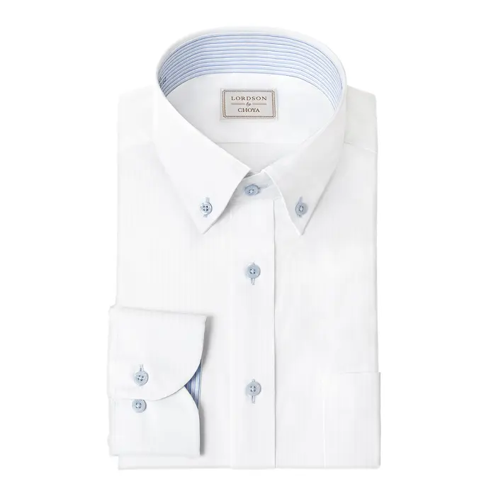 LORDSON by CHOYA 長袖 ワイシャツ メンズ 春夏秋冬 形態安定加工 白ドビーストライプ ホワイト ボタンダウン シャツ|綿100％