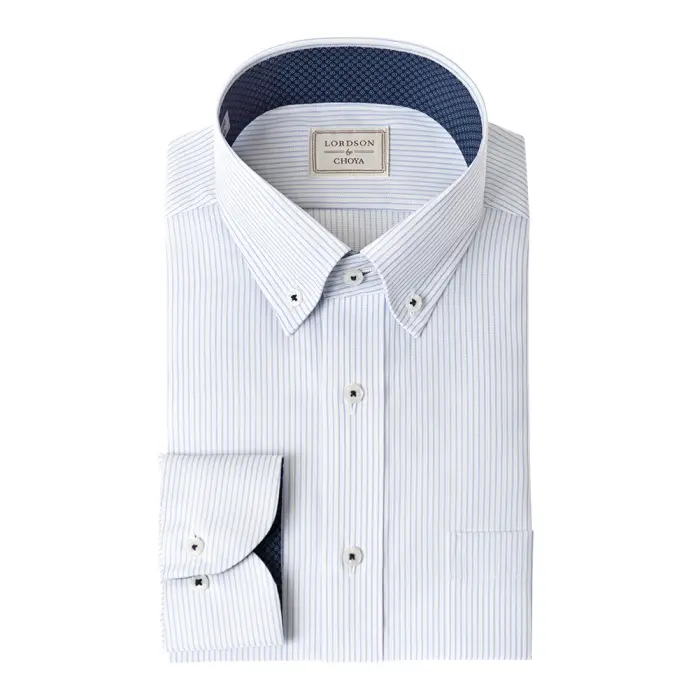 LORDSON by CHOYA 長袖 ワイシャツ メンズ 春夏秋冬 形態安定加工 ブルーストライプ 青 ボタンダウン シャツ|綿100％