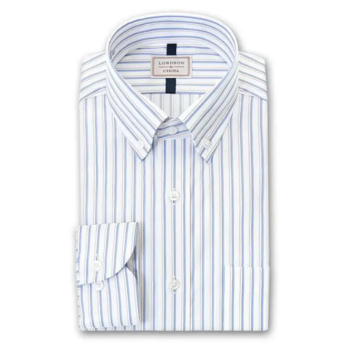 LORDSON by CHOYA 長袖 ワイシャツ メンズ 春夏秋冬 形態安定加工 ブルーストライプ ショートボタンダウン シャツ|綿100％