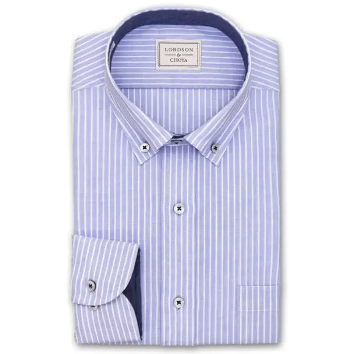 by CHOYA 長袖 ワイシャツ メンズ 春夏秋 形態安定加工 ブルーストライプ ショートボタンダウンシャツ|綿70% 麻：30% ブルー