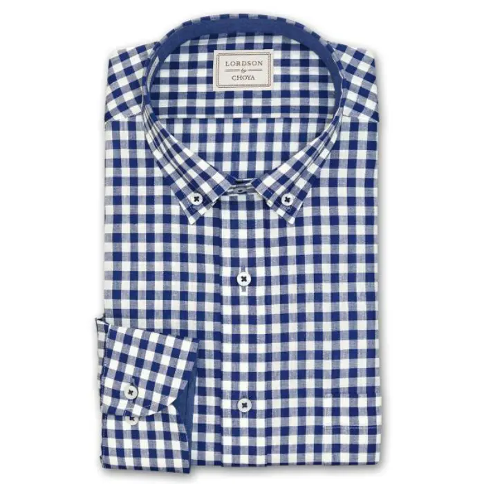 by CHOYA 長袖 ワイシャツ メンズ 春夏秋 形態安定加工 ネイビーギンガムチェック ショートボタンダウンシャツ|綿70% 麻：30% ネイビー