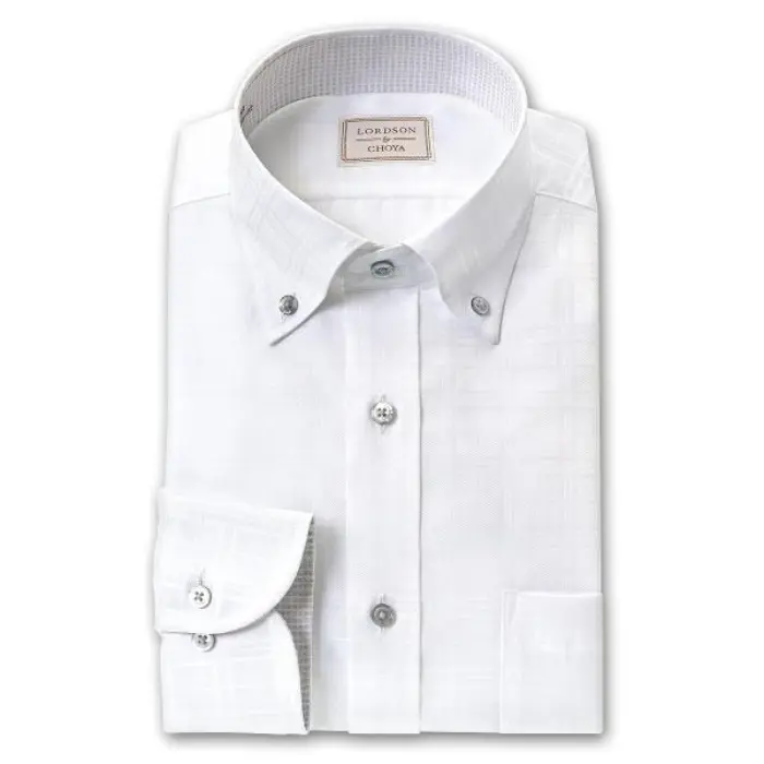 by CHOYA 長袖 ワイシャツ メンズ ボタンダウン 形態安定加工 白ドビータータンチェック 綿100％ ホワイト