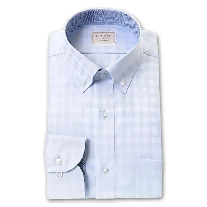 by CHOYA 長袖 ワイシャツ メンズ ショートボタンダウン 形態安定加工 水色 薄青 ジャガード織 ギンガムチェック 綿100％