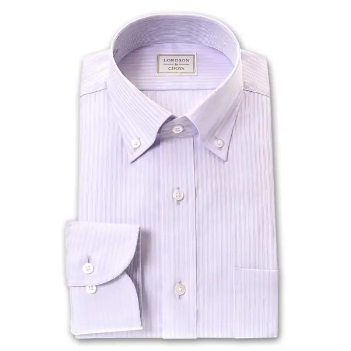by CHOYA 長袖 ワイシャツ メンズ ショートボタンダウン 形態安定加工 薄紫 ライトパープル ドビーダブルストライプ 綿100％