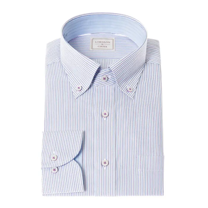 LORDSON by CHOYA 長袖 ワイシャツ メンズ 形態安定加工 ストライプ パープル ブルー ボタンダウン シャツ 綿100％
