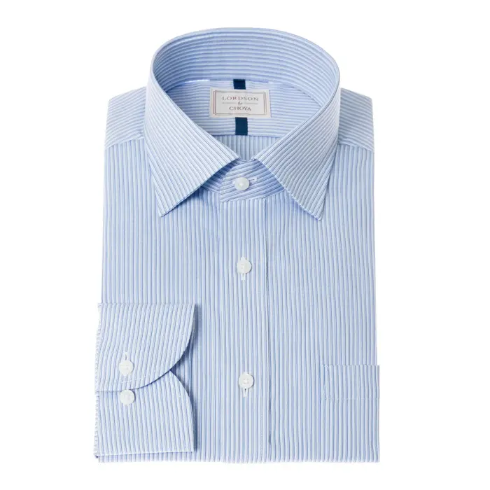 LORDSON by CHOYA 長袖 ワイシャツ メンズ 形態安定加工 ブルー ストライプ  ワイドカラー 綿100％