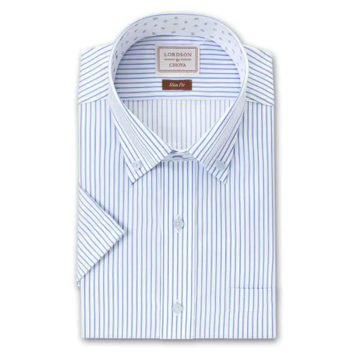 by CHOYA Slim Fit 半袖 ワイシャツ メンズ ボタンダウン 形態安定加工 ブルー ストライプ スリムフィット 綿100％