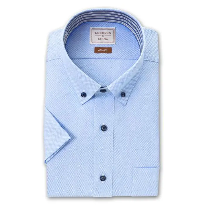 by CHOYA Slim Fit 半袖 ワイシャツ メンズ ショートボタンダウン 形態安定加工 ブルー ドビー スリムフィット 綿100％