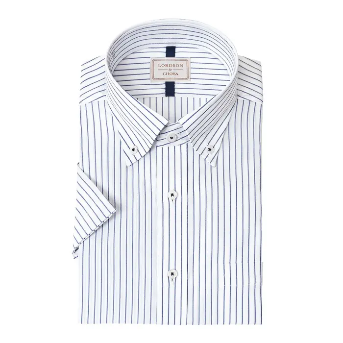 LORDSON by CHOYA 半袖 ワイシャツ メンズ 夏 形態安定加工 ネイビー ブルー ストライプ ボタンダウン |綿100％ 