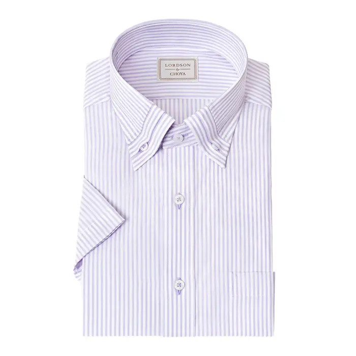 LORDSON by CHOYA 半袖 ワイシャツ メンズ 夏 形態安定加工 パープル ストライプ ボタンダウン |綿100％ 
