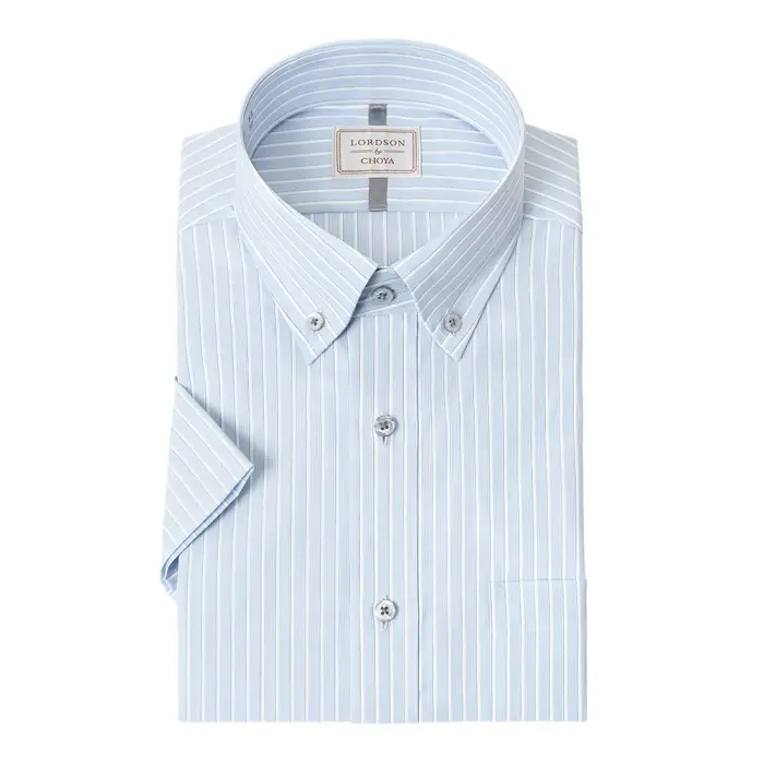 LORDSON by CHOYA 半袖 ワイシャツ メンズ 夏 形態安定加工 ブルー ストライプ ボタンダウン |綿100％ 
