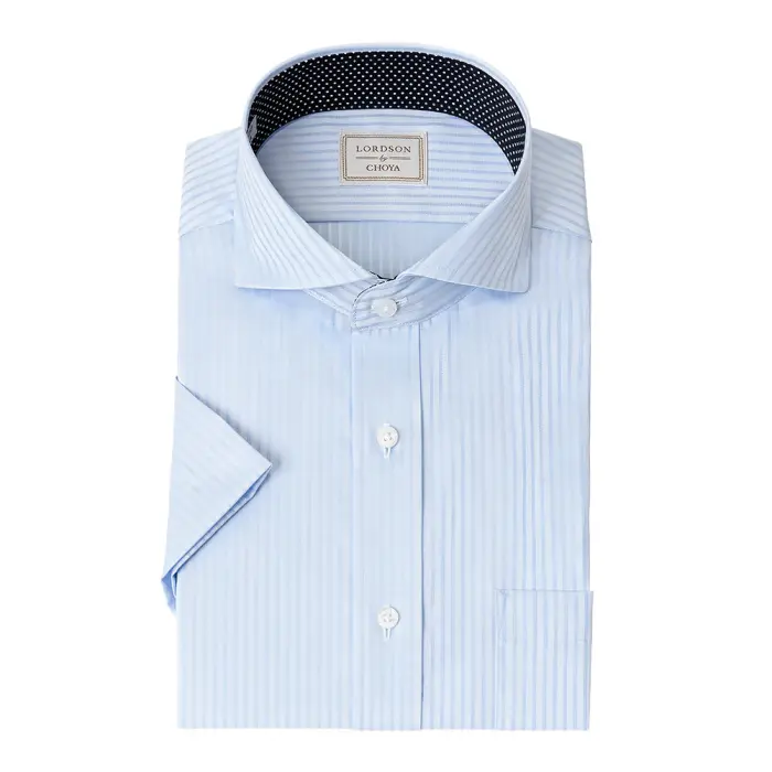 LORDSON by CHOYA 半袖 ワイシャツ メンズ 夏 形態安定加工 ブルー ドビー ストライプ カッタウェイ |綿100％ 