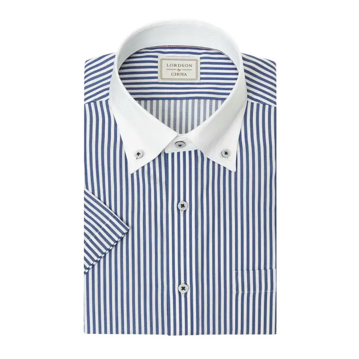 LORDSON by CHOYA 半袖 ワイシャツ メンズ 夏 形態安定加工 ブルー クレリック ストライプ ボタンダウン |綿100％ 