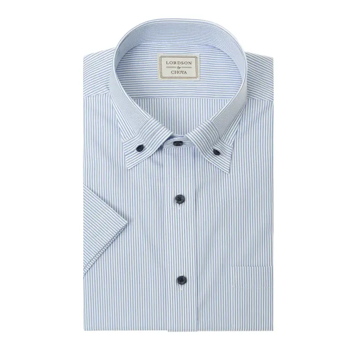 LORDSON by CHOYA 半袖 ワイシャツ メンズ 夏 形態安定加工 ブルー ストライプ マイター ボタンダウン |綿100％ 
