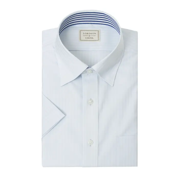 LORDSON by CHOYA 半袖 ワイシャツ メンズ 夏 形態安定加工 ブルー ドビー ストライプ スナップ |綿100％ 