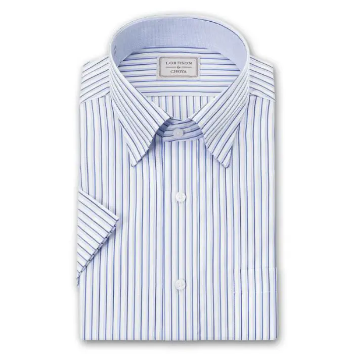 LORDSON Yシャツ 半袖 ワイシャツ メンズ 夏 形態安定 ブルーストライプ スナップダウンシャツ 綿100% 青 LORDSON by CHOYA