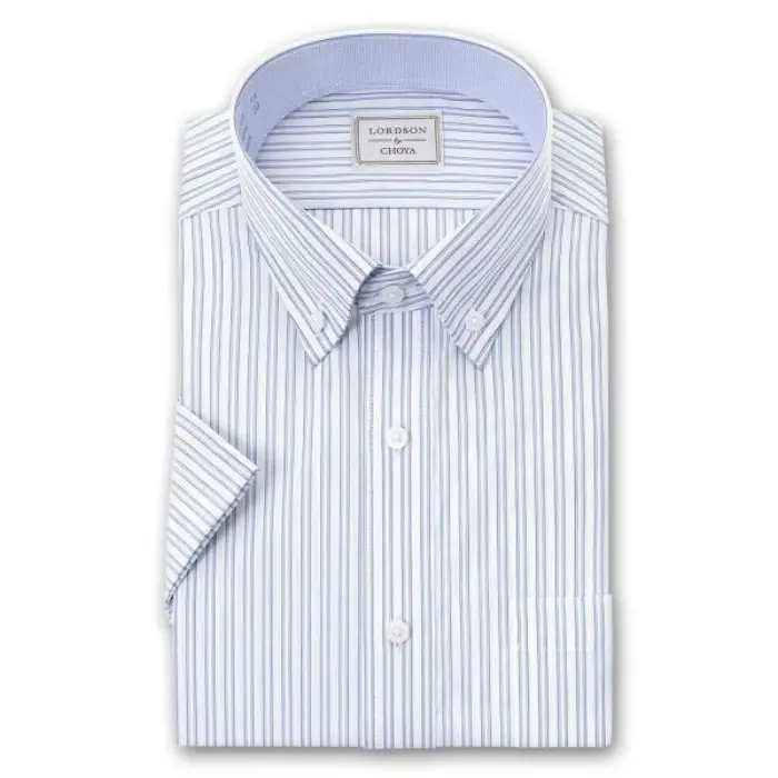 LORDSON Yシャツ 半袖 ワイシャツ メンズ 夏 形態安定 ブルーストライプ ボタンダウンシャツ 綿100% 青 LORDSON by CHOYA