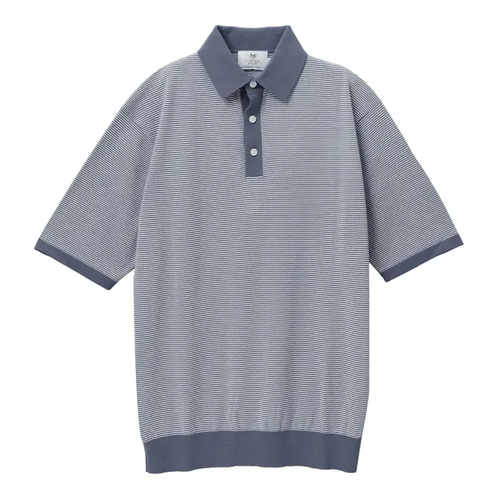 ニットシャツ CHOYA URBAN STYLE  ニット 鹿の子ニット 半袖 ポロシャツ ボーダー ネイビー 紺 抗菌 防臭 綿100％