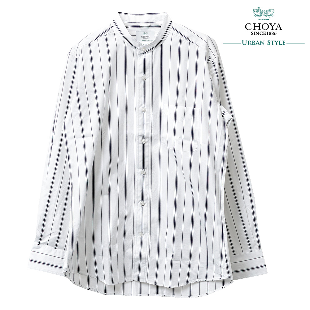 CHOYA URBAN STYLE カジュアルシャツ スタンドカラー バンドカラー ストライプ ホワイト 白 ネイビー 紺色 綿100％ 春夏秋