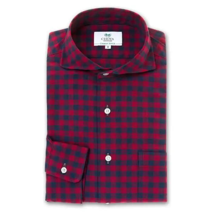 CHOYA URBAN STYLE カジュアルシャツ ツイル フランネルシャツ 長袖 カッタウェイワイドカラー ブロックチェック レッド ネイビー |綿100％ 
