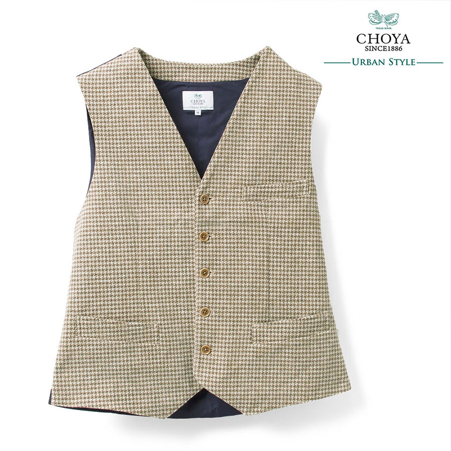CHOYA URBAN STYLE ジレ ベスト コットンツイード ブラウン ベージュ 茶色 ハウンドトゥース 千鳥格子 綿100%