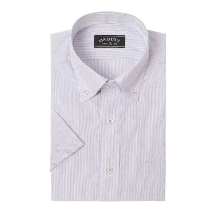 送料無料 ワイシャツ メンズ クールビズ 半袖 形態安定 消臭 ドレスシャツ Yシャツ カッターシャツ ビジネスシャツ ボタンダウン 紫 パープル ストライプ