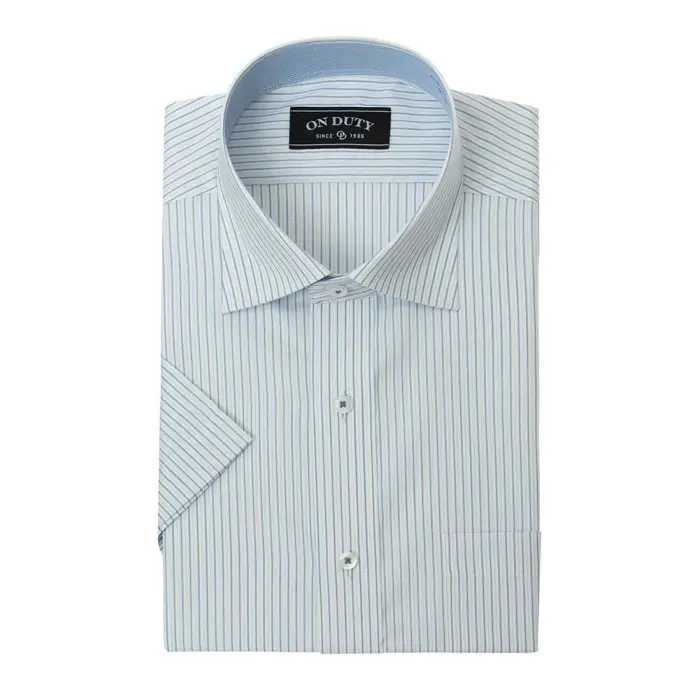 送料無料 ワイシャツ メンズ クールビズ 半袖 形態安定 接触冷感 ワイドカラー ブルー ストライプ