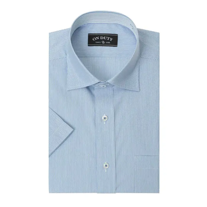 送料無料 ワイシャツ メンズ クールビズ 半袖 形態安定 接触冷感 ワイドカラー ブルー ストライプ